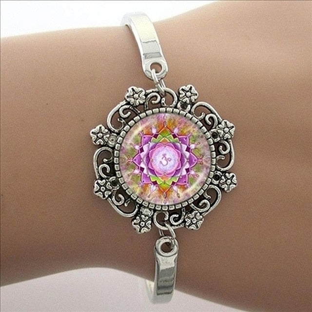 Brazalete Art Mandala Azul, Brazalete Plateado, Joyas Yoga Zen