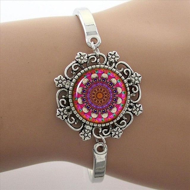 Brazalete Art Mandala Azul, Brazalete Plateado, Joyas Yoga Zen