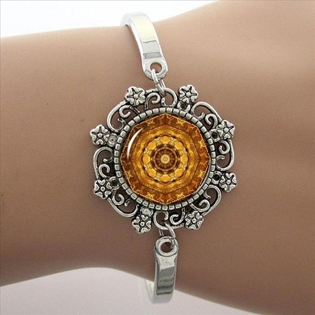 Brazalete Art Mandala Azul, Brazalete Plateado, Joyas Yoga Zen
