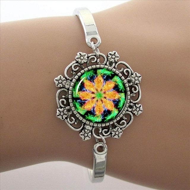 Brazalete Art Mandala Azul, Brazalete Plateado, Joyas Yoga Zen