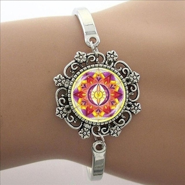 Brazalete Art Mandala Azul, Brazalete Plateado, Joyas Yoga Zen