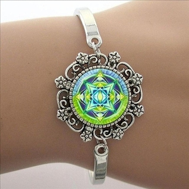 Brazalete Art Mandala Azul, Brazalete Plateado, Joyas Yoga Zen