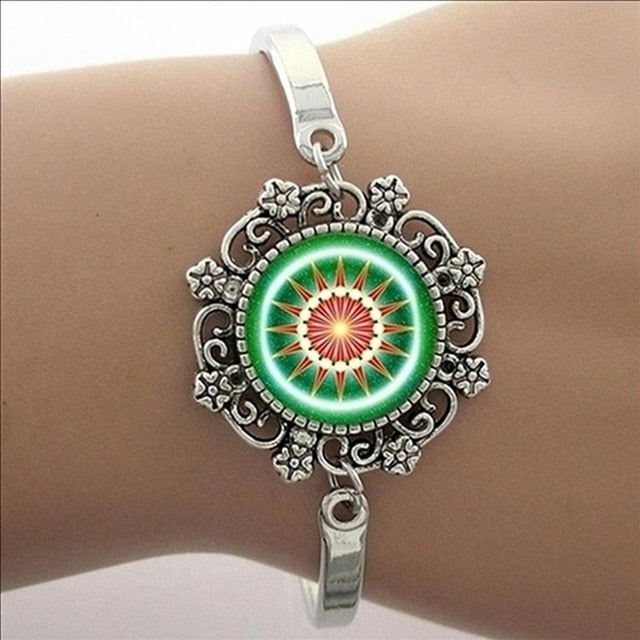 Brazalete Art Mandala Azul, Brazalete Plateado, Joyas Yoga Zen