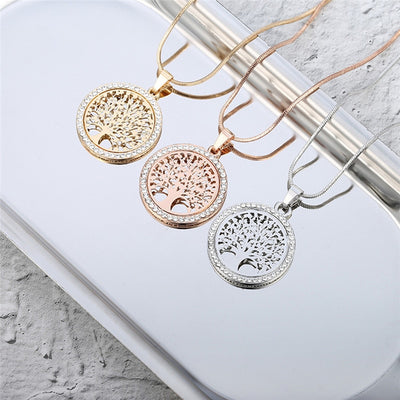 Ras de cou petit pendentif rond avec d'arbre de vie en cristal pour femme, collier féminin élégant