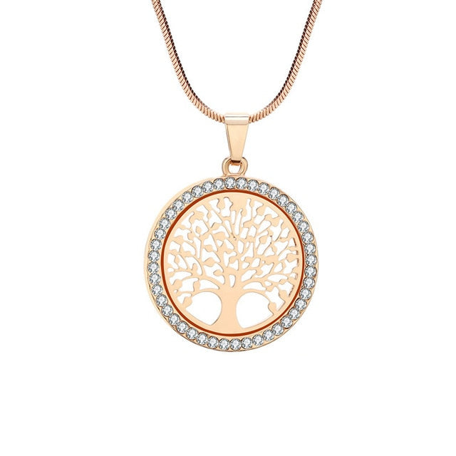 Collar con colgante redondo pequeño con árbol de la vida de cristal para mujer, elegante collar femenino