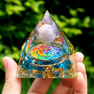 Pyramide de cristal améthyste fait à la main, sphère d'orgone en cuivre