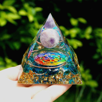 Pirámide de cristal de amatista hecha a mano, esfera de orgone de cobre