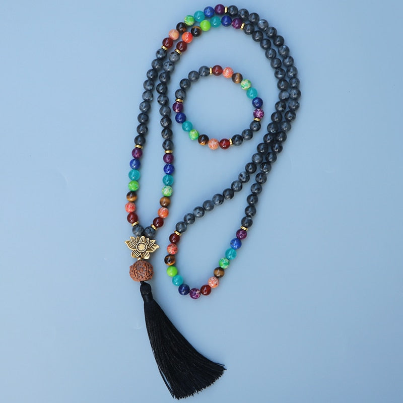 7 Chakras Mala colliers de perles femmes Lotus & népal Bodhi Labradorite