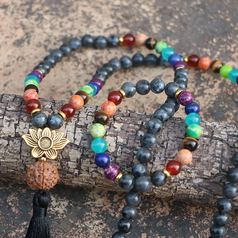 7 Chakras Mala colliers de perles femmes Lotus & népal Bodhi Labradorite