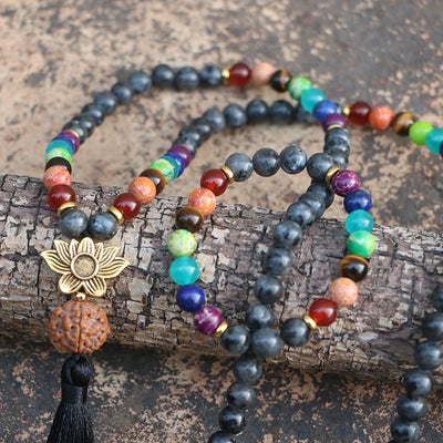 7 Chakras Mala colliers de perles femmes Lotus & népal Bodhi Labradorite