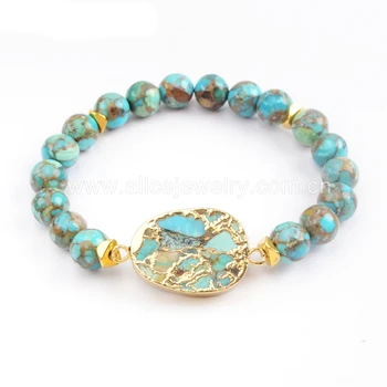 Brazalete de Cobre bañado en Oro y Turquesa Azul - Piedras Bola de 8mm - 3 modelos disponibles