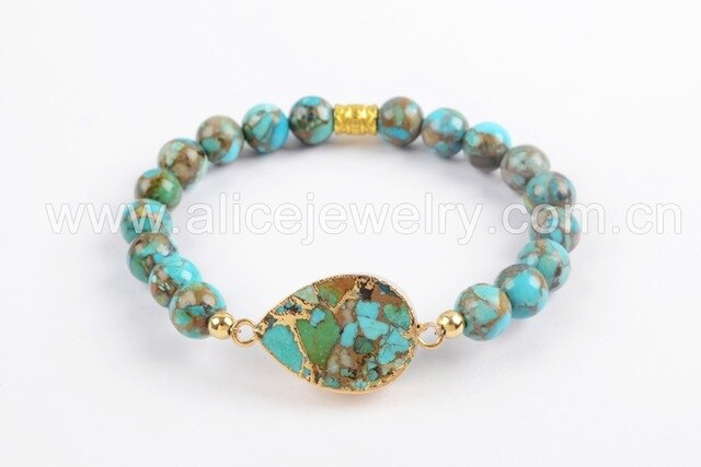 Brazalete de Cobre bañado en Oro y Turquesa Azul - Piedras Bola de 8mm - 3 modelos disponibles