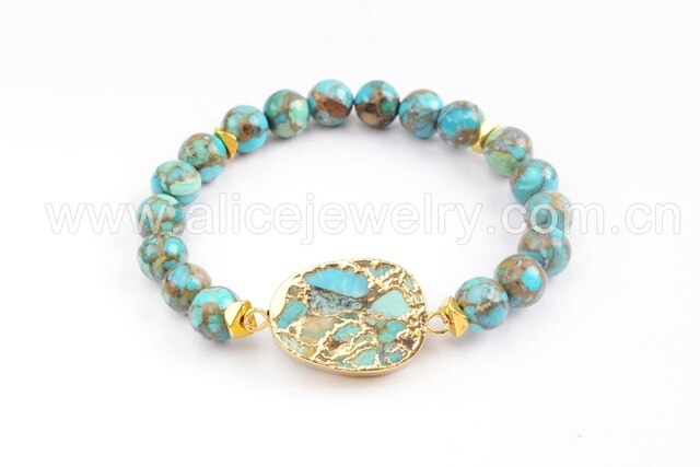 Brazalete de Cobre bañado en Oro y Turquesa Azul - Piedras Bola de 8mm - 3 modelos disponibles