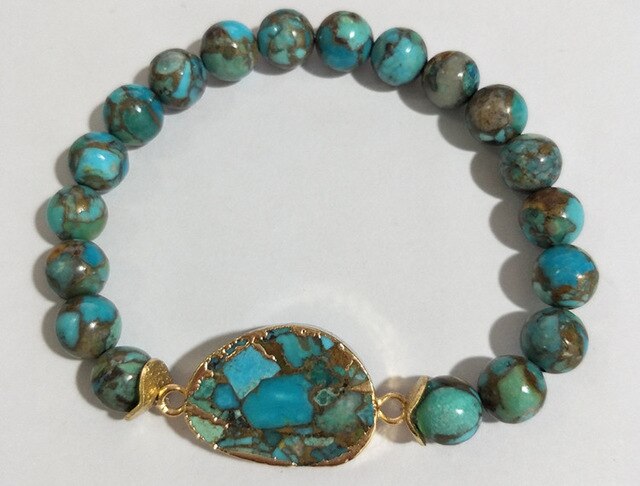 Brazalete de Cobre bañado en Oro y Turquesa Azul - Piedras Bola de 8mm - 3 modelos disponibles