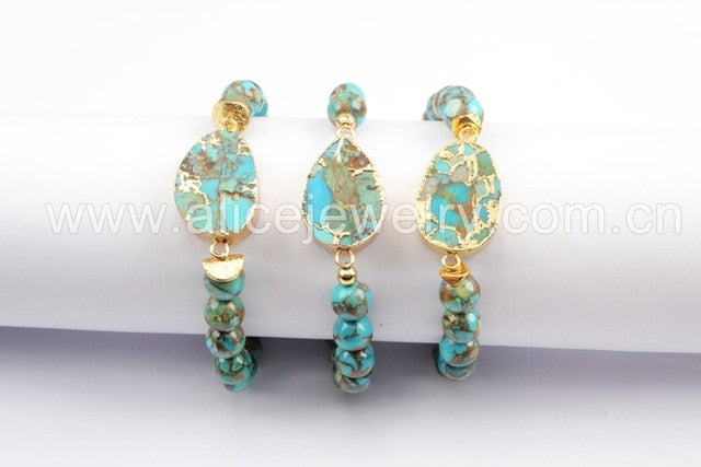 Brazalete de Cobre bañado en Oro y Turquesa Azul - Piedras Bola de 8mm - 3 modelos disponibles
