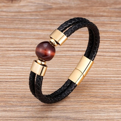 Double Bracelet en cuir véritable naturel rond oeil de tigre pierre