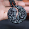 Collier pendentif obsidienne sculpture Dragon et Phoenix