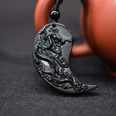 Collier pendentif obsidienne sculpture Dragon et Phoenix