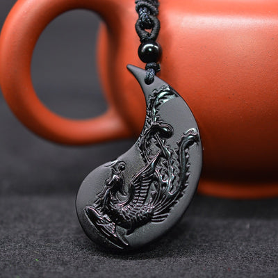 Collier pendentif obsidienne sculpture Dragon et Phoenix