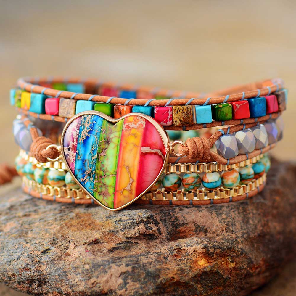 Bracelet en cuir Chakra, 3 brins, en forme de cœur, de pierres