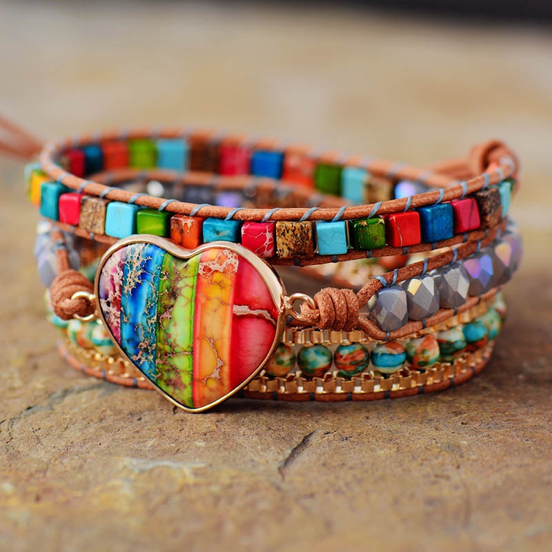 Bracelet en cuir Chakra, 3 brins, en forme de cœur, de pierres