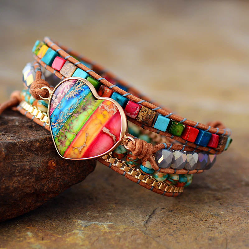 Bracelet en cuir Chakra, 3 brins, en forme de cœur, de pierres