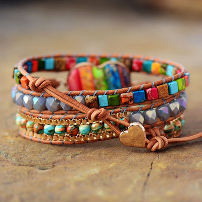 Bracelet en cuir Chakra, 3 brins, en forme de cœur, de pierres