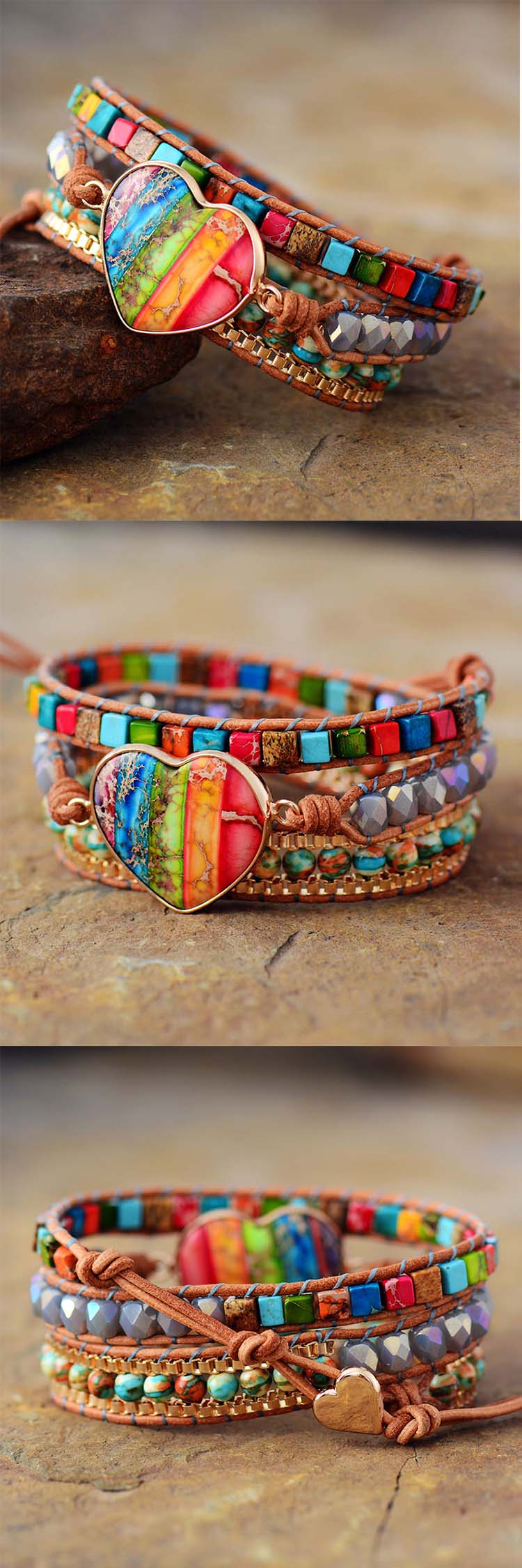 Bracelet en cuir Chakra, 3 brins, en forme de cœur, de pierres