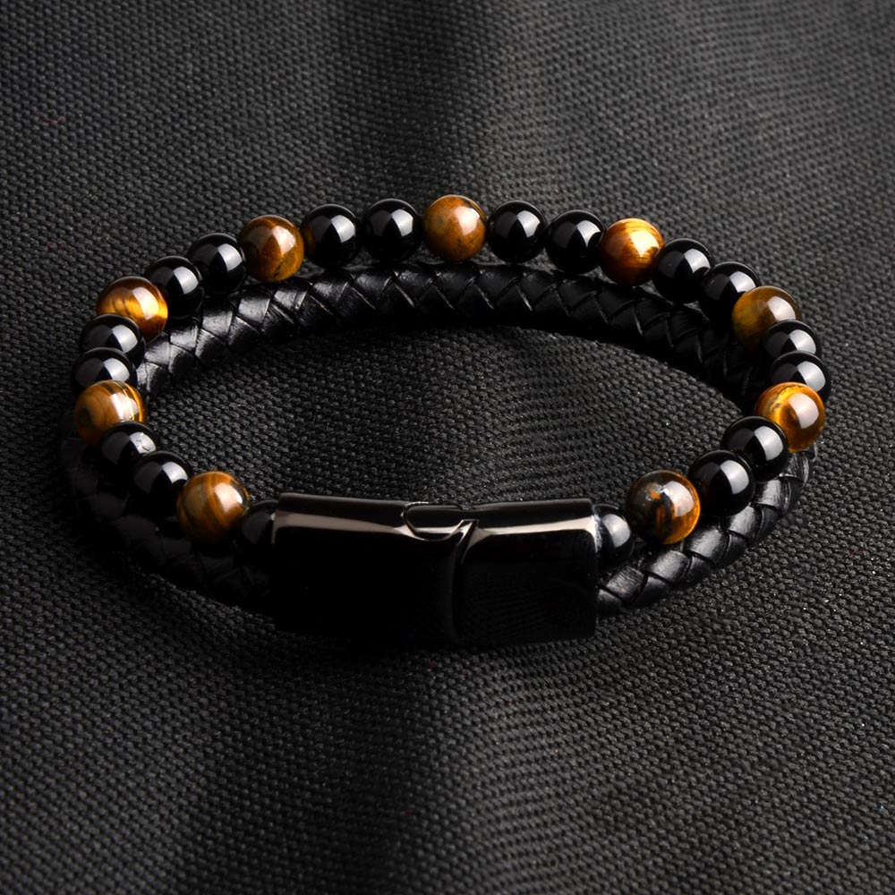 Bracelet en cuir véritable noir pour hommes, bijoux en pierre naturelle