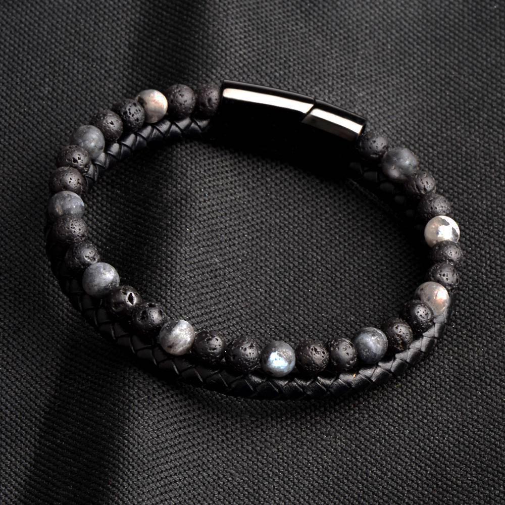 Bracelet en cuir véritable noir pour hommes, bijoux en pierre naturelle