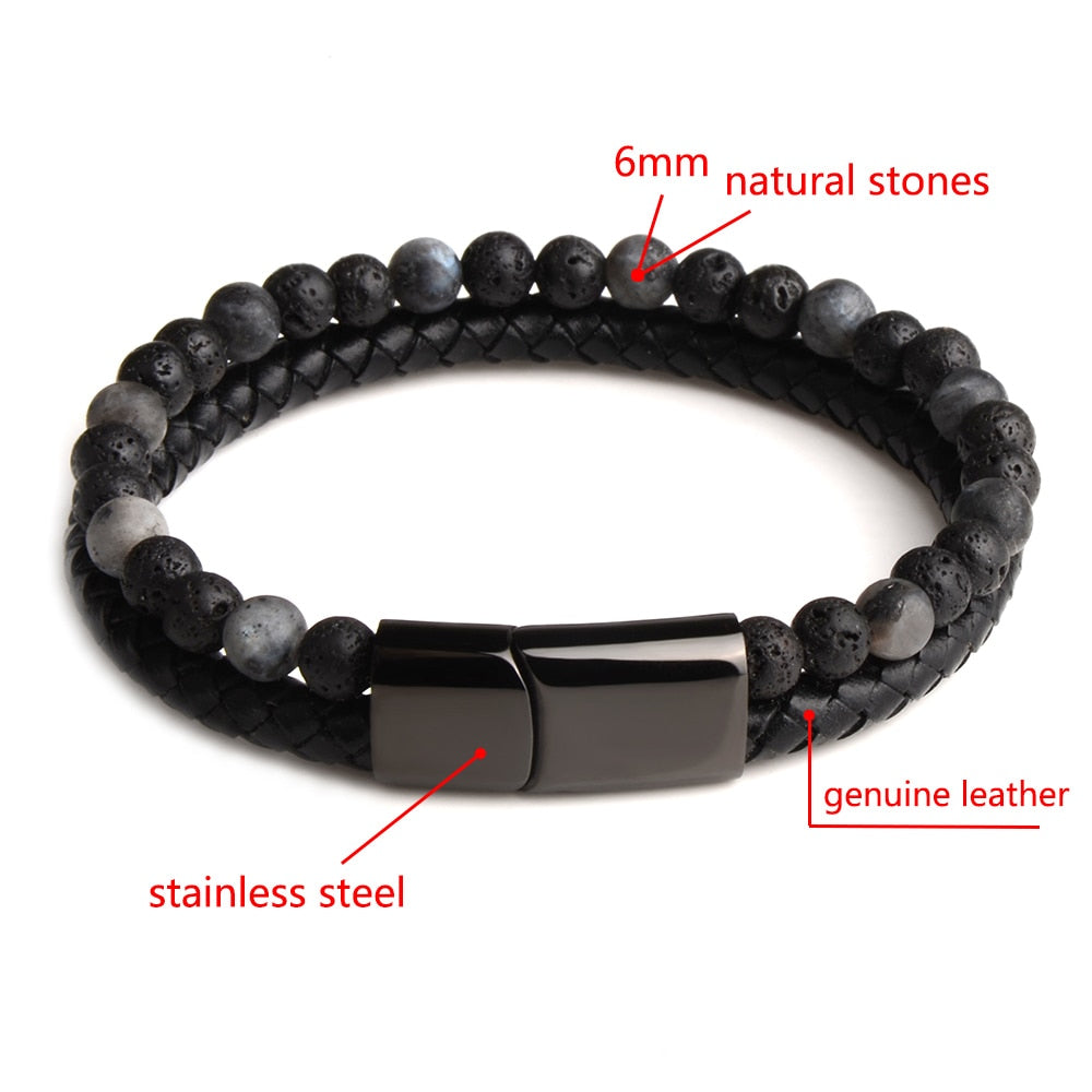 Bracelet en cuir véritable noir pour hommes, bijoux en pierre naturelle