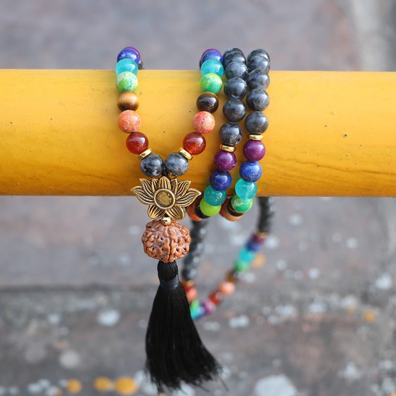 7 Chakras Mala colliers de perles femmes Lotus & népal Bodhi Labradorite