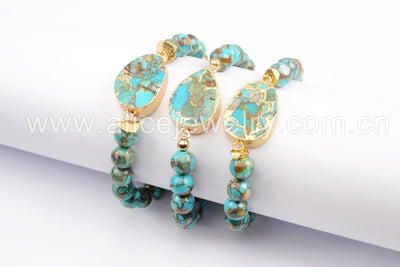 Brazalete de Cobre bañado en Oro y Turquesa Azul - Piedras Bola de 8mm - 3 modelos disponibles