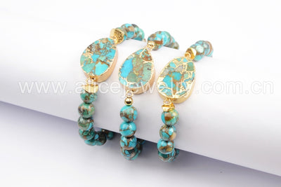 Bracelet Cuivre et Turquoise Bleue plaqué or  - Pierres Boules 8 mm - 3 modèles disponibles