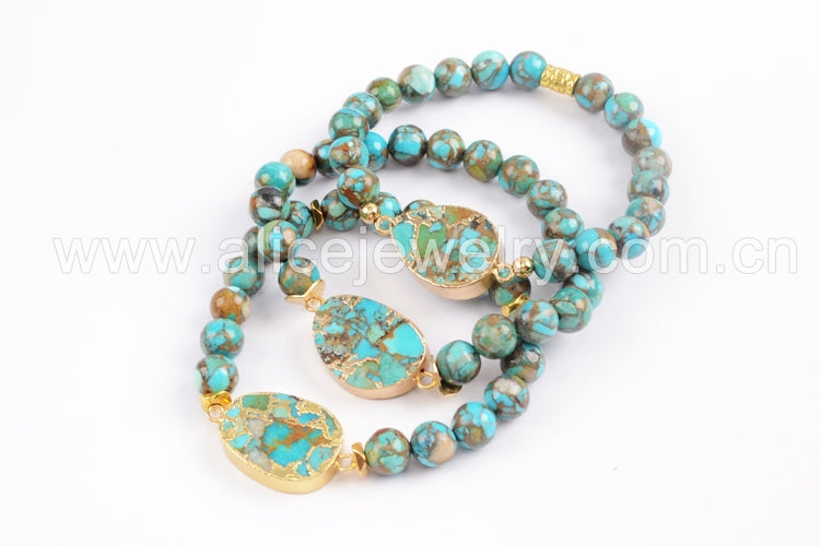 Brazalete de Cobre bañado en Oro y Turquesa Azul - Piedras Bola de 8mm - 3 modelos disponibles