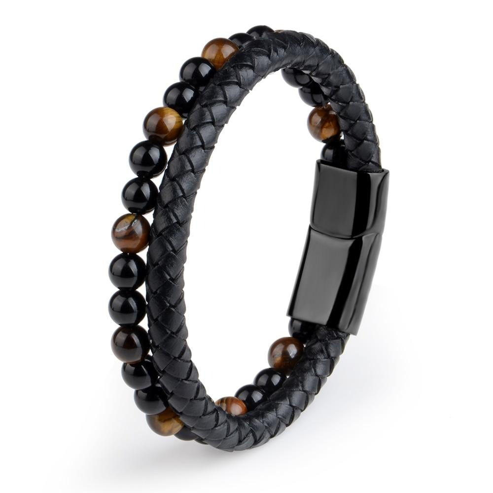 Bracelet en cuir véritable noir pour hommes, bijoux en pierre naturelle