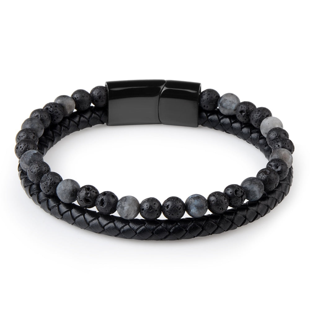 Bracelet en cuir véritable noir pour hommes, bijoux en pierre naturelle