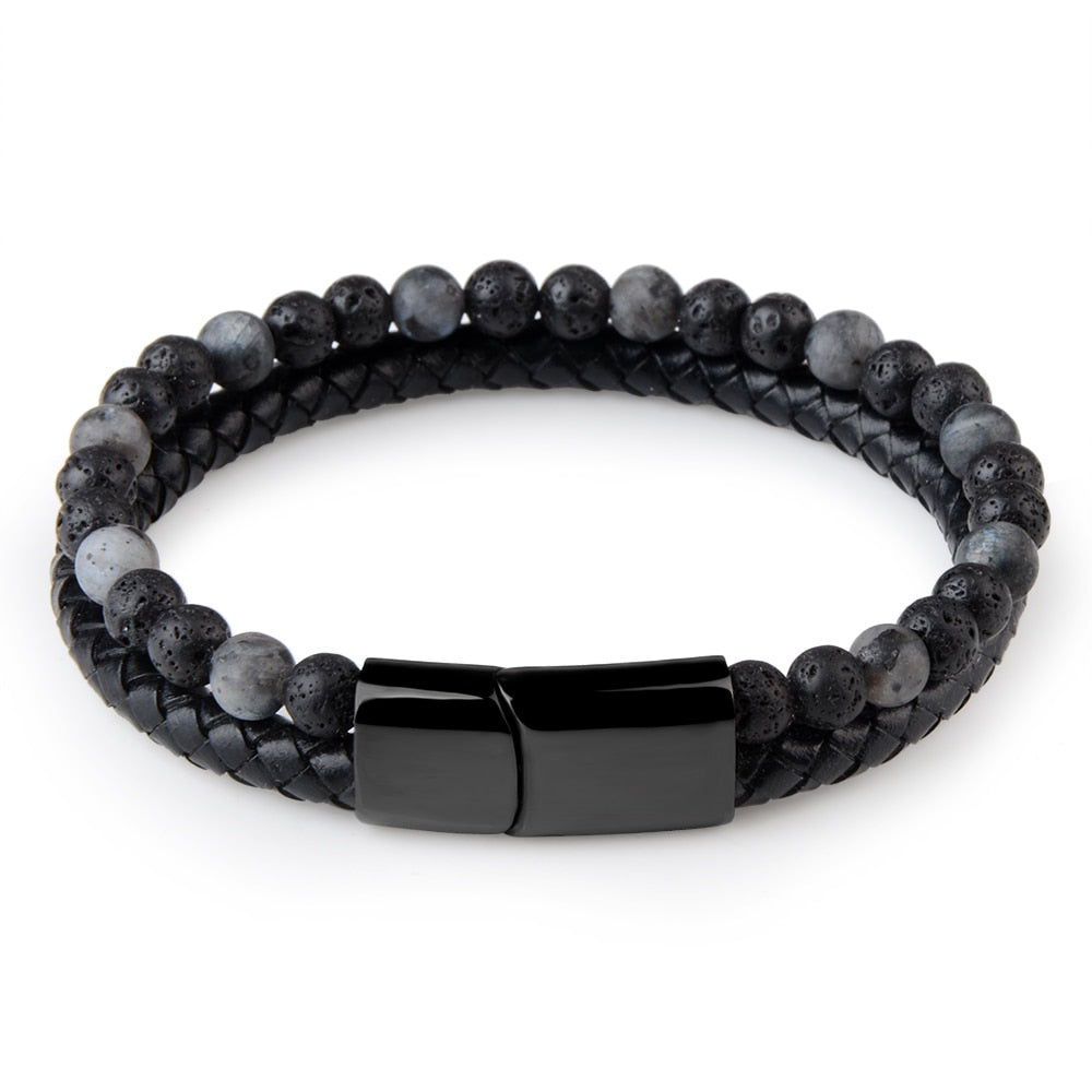 Bracelet en cuir véritable noir pour hommes, bijoux en pierre naturelle