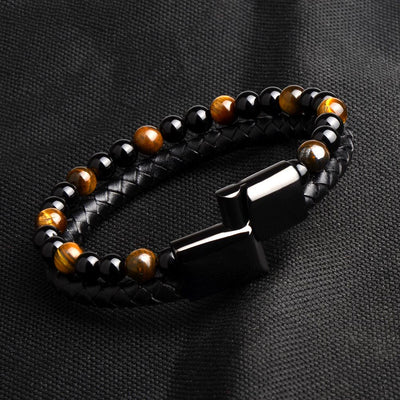 Bracelet en cuir véritable noir pour hommes, bijoux en pierre naturelle