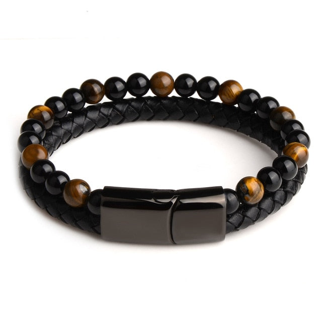 Bracelet en cuir véritable noir pour hommes, bijoux en pierre naturelle