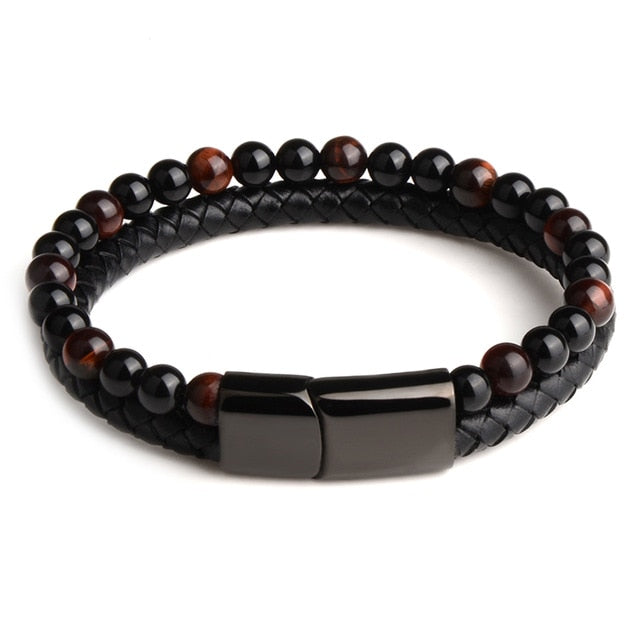 Bracelet en cuir véritable noir pour hommes, bijoux en pierre naturelle