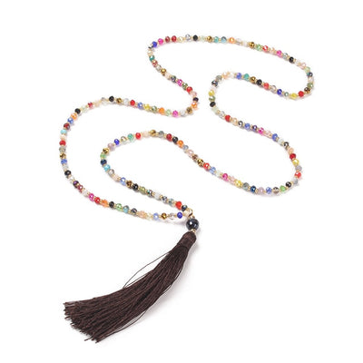 Collier Boho avec pompon, ras du cou, pendentif en cristal