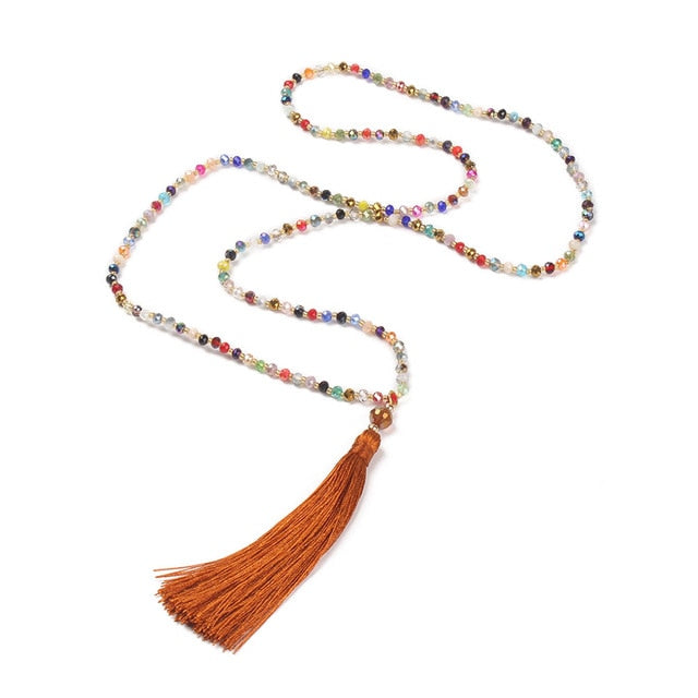 Collier Boho avec pompon, ras du cou, pendentif en cristal