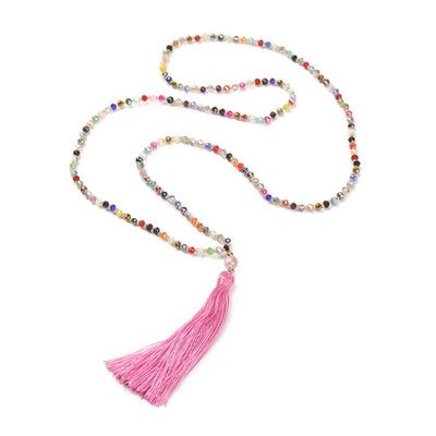 Collier Boho avec pompon, ras du cou, pendentif en cristal