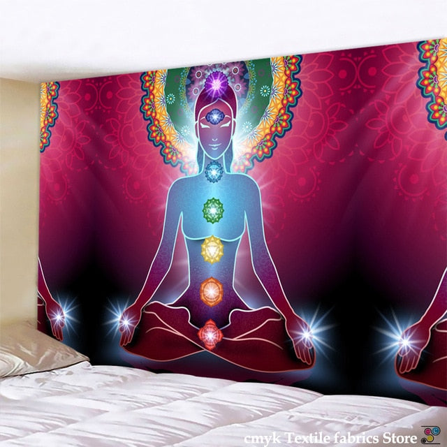 Inde Mandala bouddha Statue méditation 7 ChakraTarot tenture murale psychédéli