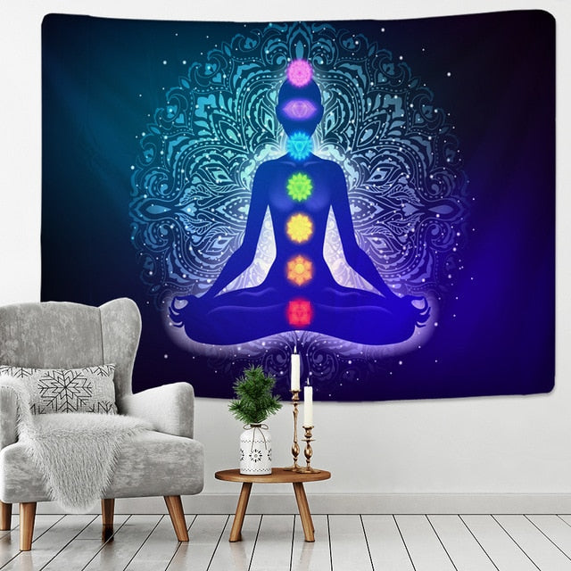 Inde Mandala bouddha Statue méditation 7 ChakraTarot tenture murale psychédéli