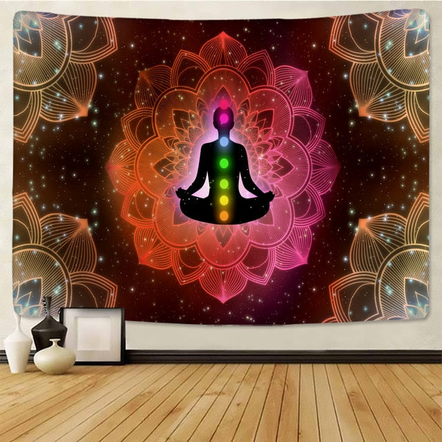Inde Mandala bouddha Statue méditation 7 ChakraTarot tenture murale psychédéli