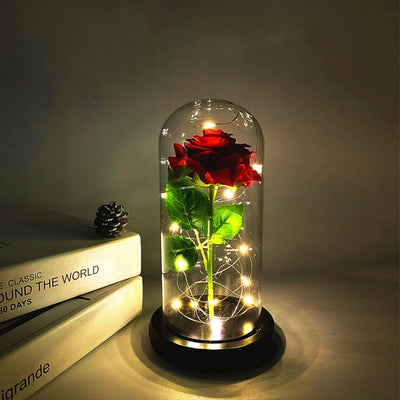 Rose éternelle, galaxie, dans un dôme de verre sur une base en bois - Plusieurs couleurs disponibles