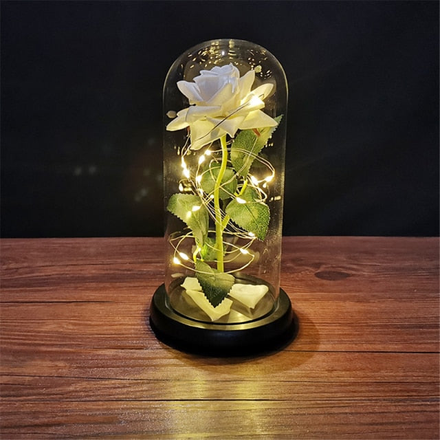 Rose éternelle, galaxie, dans un dôme de verre sur une base en bois - Plusieurs couleurs disponibles