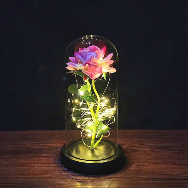 Rose éternelle, galaxie, dans un dôme de verre sur une base en bois - Plusieurs couleurs disponibles